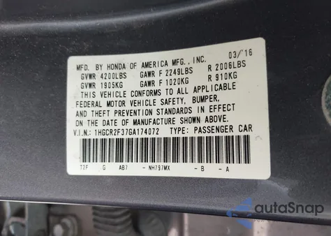 2016 Honda Accord Lx из США, поврежденный, VIN 1HGCR2F37GA174072